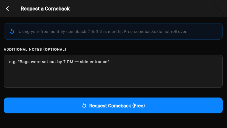 Comeback request interface