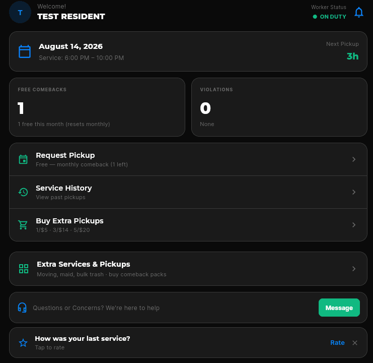 Resident app dashboard showing pickup tools and service information