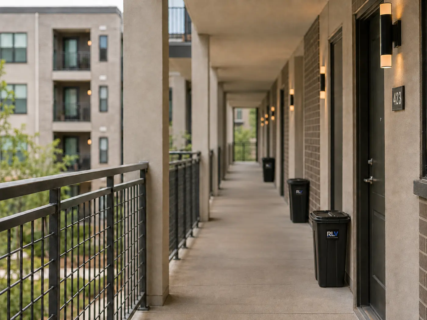 Modern mid-rise apartment breezeway with Relaxed Living Valet bins positioned outside resident doors