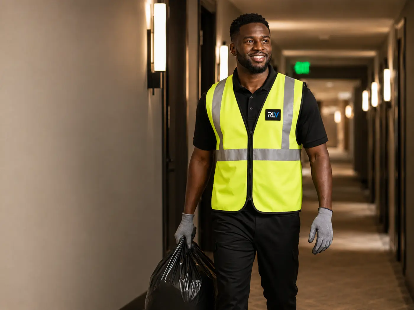 Relaxed Living Valet worker carrying a collected trash bag through an apartment hallway